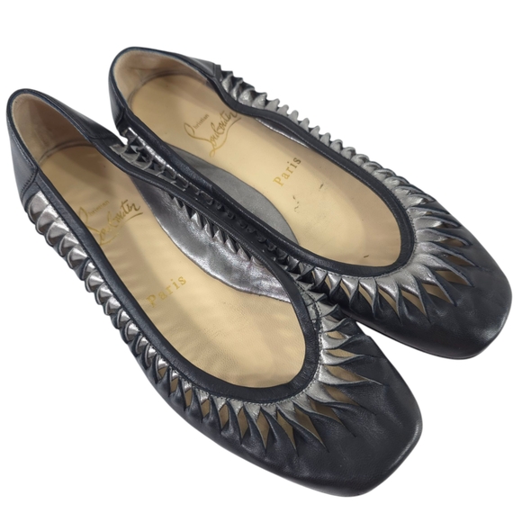 CHRISTIAN LOUBOUTIN BLACK SILVER LEATHER BALLET FLATS RED BOTTOM SHOES SIZE 36